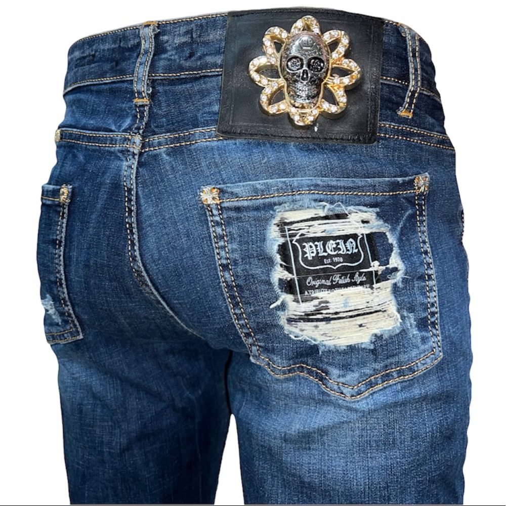 Philipp Plein Jeans Skull Stretch Distress Silver Metal Golden Low Cut Gift